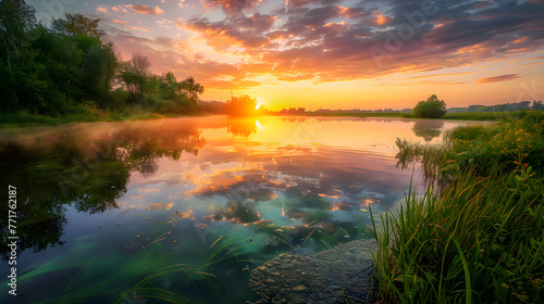 Awakening of Nature: Breathtaking Sunrise Over a Serene Lake Surrounded by Lush Greenery