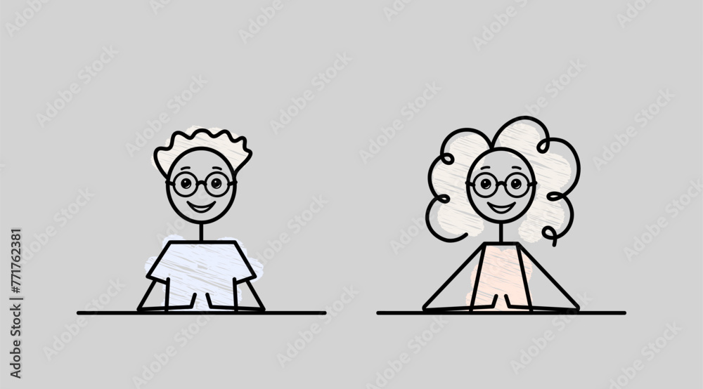 happy student characters sketch, students at the desk boy and girl doodle vector illustration