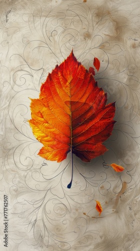 Orange Leaf With Swirls on Beige Background