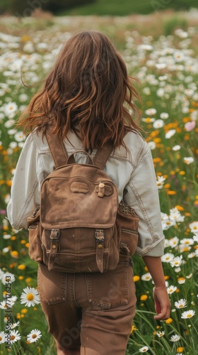 Little Girl Walking Through Field of Flowers