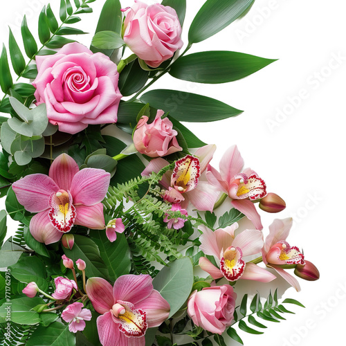 Pink rose and tropical orchid flowers with green on transparent or white background