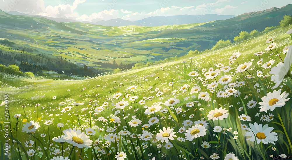 Beautiful spring and summer natural landscape field of daisies in full bloom, with rolling hills and the sun shining brightly overhead. 