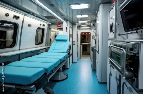 Well-equipped Modern ambulance inside. Medical doctor rescue transport equipment. Generate Ai