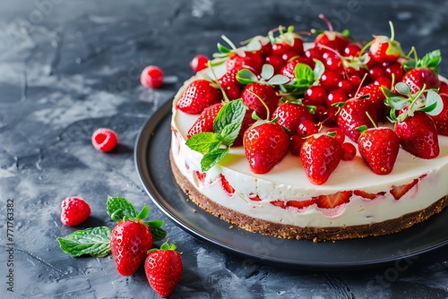 Delicious healthy vegetarian food  do not bake a strawberry cheesecake  decorated with fresh red berries and green mint leaves. Copy space.