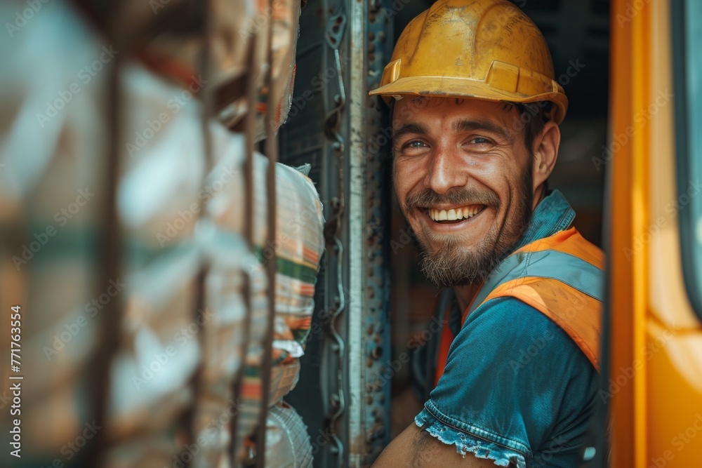 Close-up of a cheerful Caucasian male worker loading a truck. Mature loader stacks and secures packages.