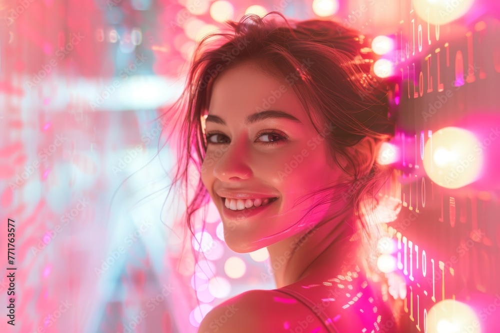Close-up of young smiling Caucasian woman standing near huge wall panel with colorful digital stream. Abstract glowing interface with binary code. Information, technology and data concept.