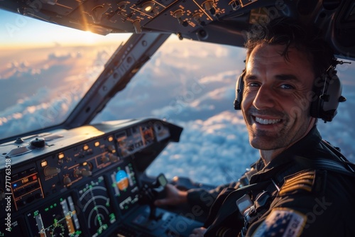 Close-up of a male pilot in cockpit of an aircraft. Confident mature man in uniform controls a plane in clear blue sky.