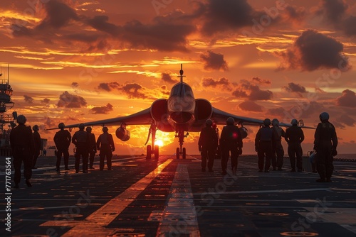 Ground crew greets military jet landing on deck of aircraft carrier. Deck crew members signal the jet pilot to taxi aircraft into parking lot. Beautiful twilight sky and setting sun in the background. photo
