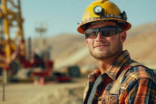 Portrait of a male Caucasian worker at desert gas drilling site. Young confident smiling employee in bright signal uniform and safety hard hat standing near the gas rig. photo