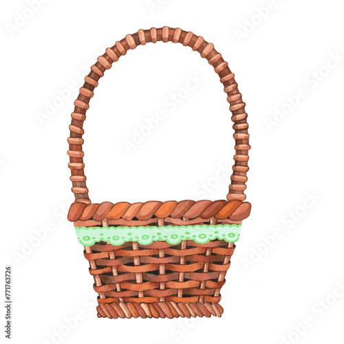 Wicker basket with lace. Watercolor illustration, poster.