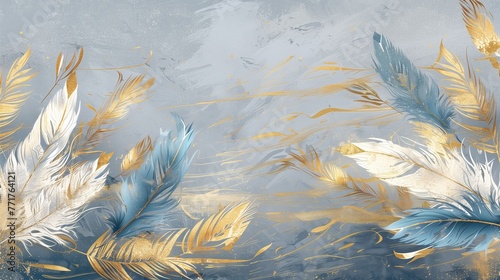 Embrace the timeless allure of this vintage illustration, where delicate feathers float gracefully atop a mesmerizing background of blue and gold brushstrokes.