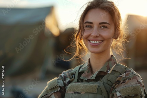 Close-up of a young Caucasian female soldier wearing camouflage uniform standing outdoors in marching camp. Confident smiling servicewoman proudly serves in her country military. photo