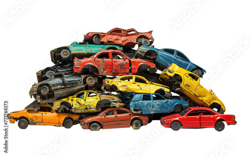 Pile of recycled waste cars on transparent or white background