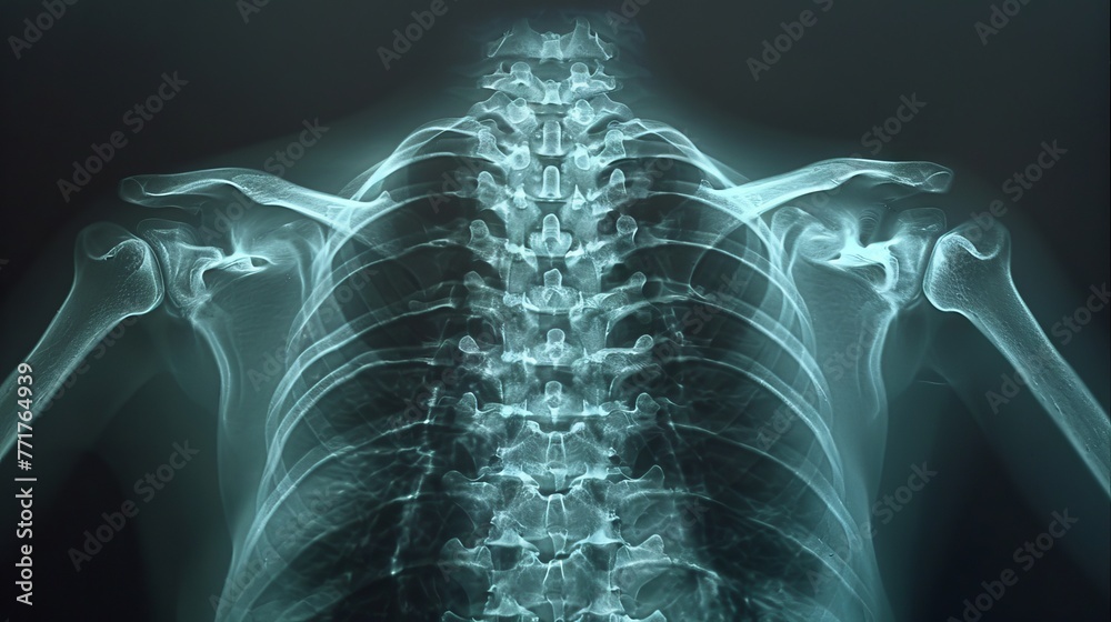X-ray image of a human torso with visible spine and shoulder bones. Radiographic view of thoracic skeleton. Concept of medical imaging, vertebral anatomy, and diagnostic radiology. - obrazy, fototapety, plakaty 