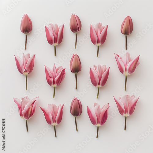 Creative arrangement of spring tulips on bright background. Flowers flat lay. photo