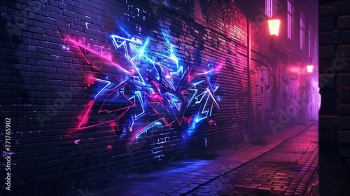 Night falls on a secluded urban alley where the soft glow of ambient streetlights illuminates a masterpiece of graffiti art on a brick wall. photo