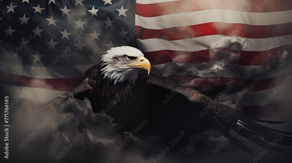 Naklejka premium Black banner with american eagle and USA flag in smoke.