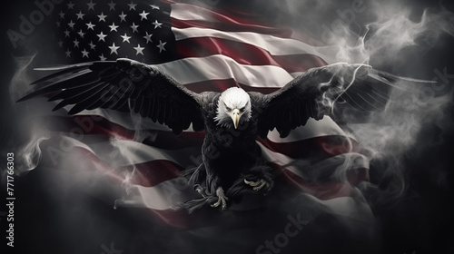 Black banner with american eagle and USA flag in smoke.