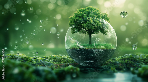 Crystal sphere preserving a green tree, a symbol of environmental conservation and the delicate balance of nature. For themes related to climate change, eco-friendly initiatives, and sustainability