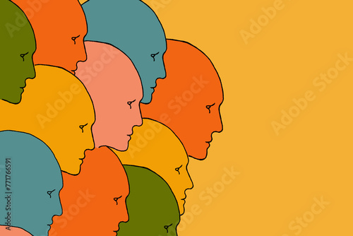 Human heads drawing on yellow. Concept of teamwork, human resources, career opportunities, team skills, management. Collective thinking, creativity and teamwork.