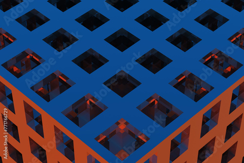 Abstract futuristic concept of cubes from blockchain and cryptocurrency mining, theme of artificial intelligence and metaverse. 3d rendering illustration