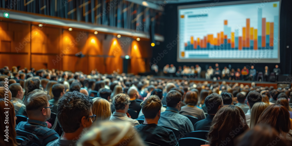 the audience views the presentation on the screen in a large conference room.