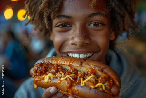 Joyful teenager enjoying a delicious chili dog at an outdoor fair