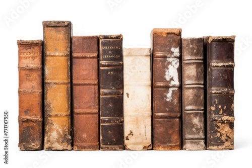 A stack of books isolated on a white background with a clipping path, in the style of Van Gogh. The books are arranged neatly but haphazardly, as if recently stacked there. Light catches the edges of 