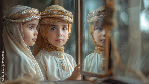 an emirati child wearing local emirati clothes , standing in his childrenroom and looking at mirror ,generative ai photo