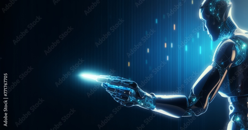 Artificial intelligence robot hand touching human finger on a dark blue ...