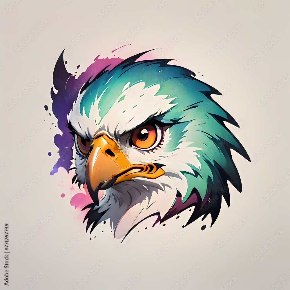 Naklejka premium Stylized Eagle Head IllustrationCaptivating illustration of an eagle's head, featuring a burst of pastel hues, perfect for wildlife themes, patriotic designs, and edgy fashion prints.