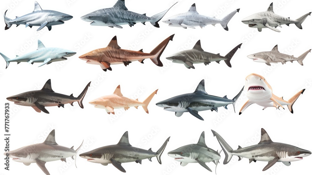 Photo realistic wild predator shark animal set collection. Isolated on white background Photo realistic wild predator shark animal set collection. Isolated on white background