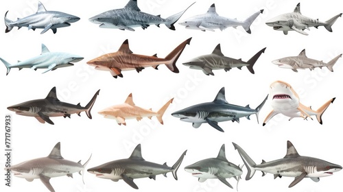 Photo realistic wild predator shark animal set collection. Isolated on white background 
