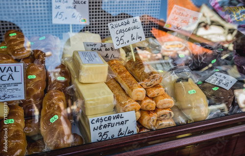 Romanian Kashkaval cheese on a food market in Bran town, Transylvania, Romania photo