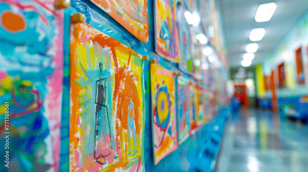 Colorful children's artwork on display