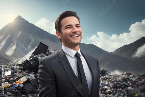 happy businessman on the background of garbage