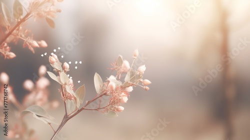 Beautiful floral background with blooming roses and eucalyptus  soft peach colors  white backdrop  banner for design  closeup  blurred foreground 