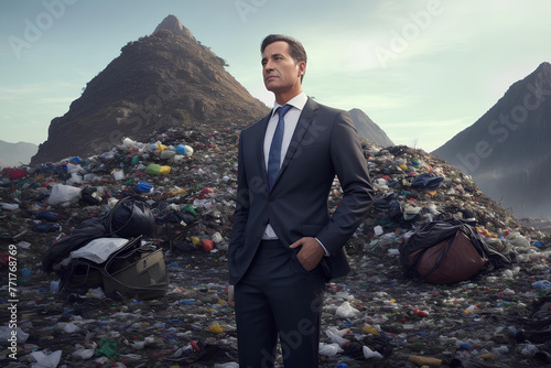a serious business man in a suit against the background of a landfill