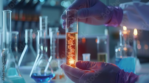 A scientist is examining a chemical reaction in a test tube in a laboratory