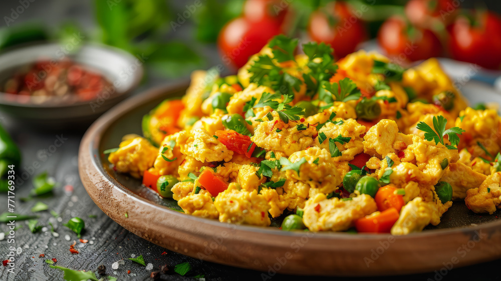 Scrambled eggs with vegetables on a plate Scrambled eggs with vegetables on a plate