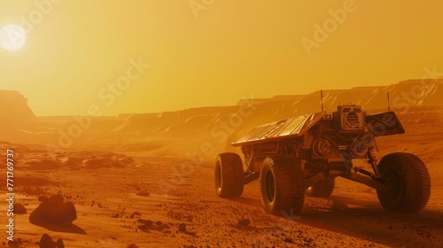 Truck Driving Through Desert at Sunset
