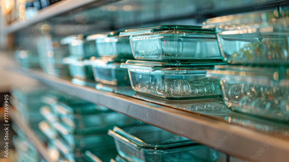 Glass food storage containers on retail shelves