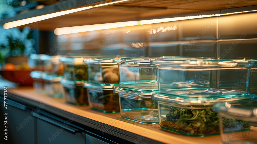 Glass containers with food on kitchen shelf. Glass containers with food on kitchen shelf.
