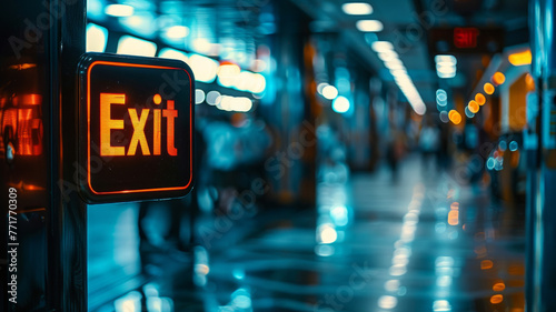 Illuminated exit sign in subway station.