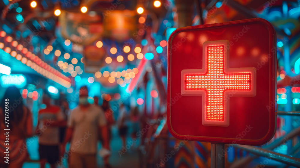 Pharmacy sign with a red cross at nighttime