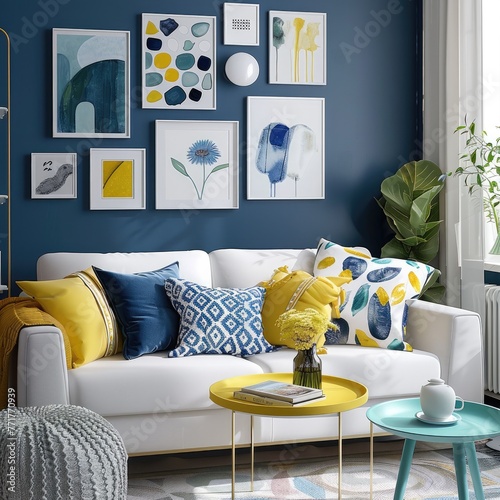 A cozy and stylish living room with modern decor in yellow and blue colors photo