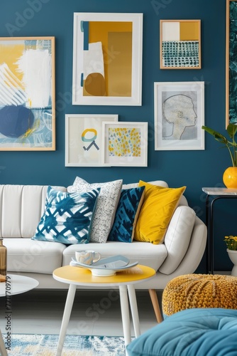 A cozy and stylish living room with modern decor in yellow and blue colors photo