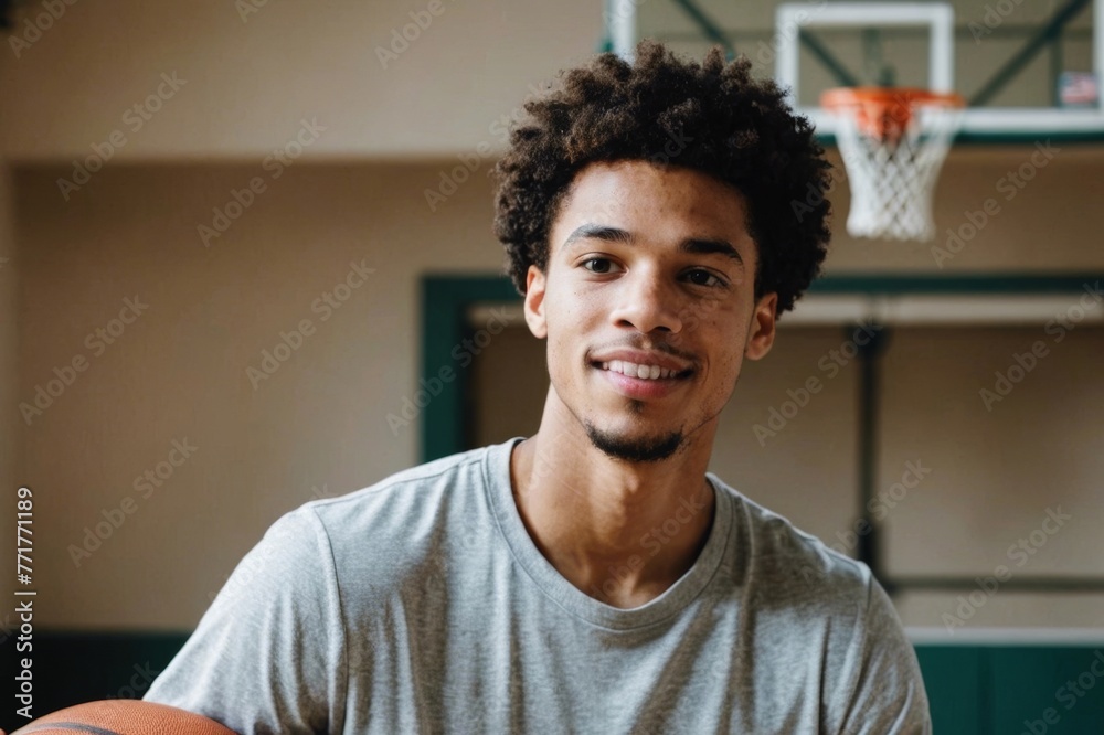 Young biracial man plays basketball indoors