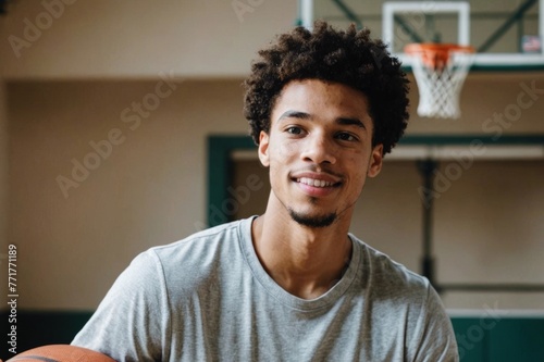 Young biracial man plays basketball indoors