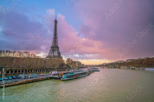 The Eiffel Tower and river Seine at twilight in Paris © javeria